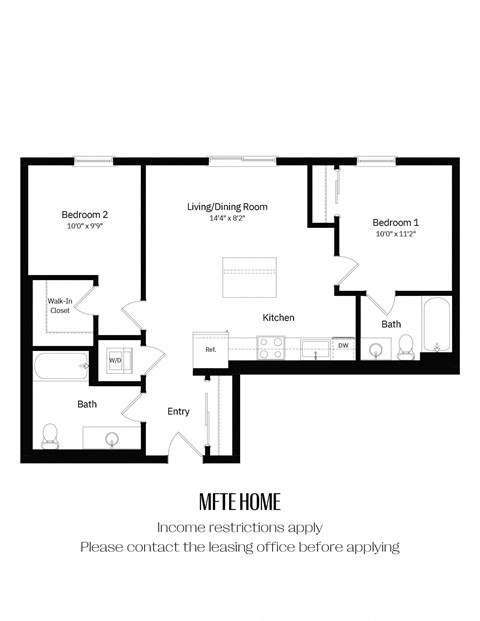 A floor plan of a home with two bedrooms, a living/dining room, a kitchen, a bath, and a walk-in closet.